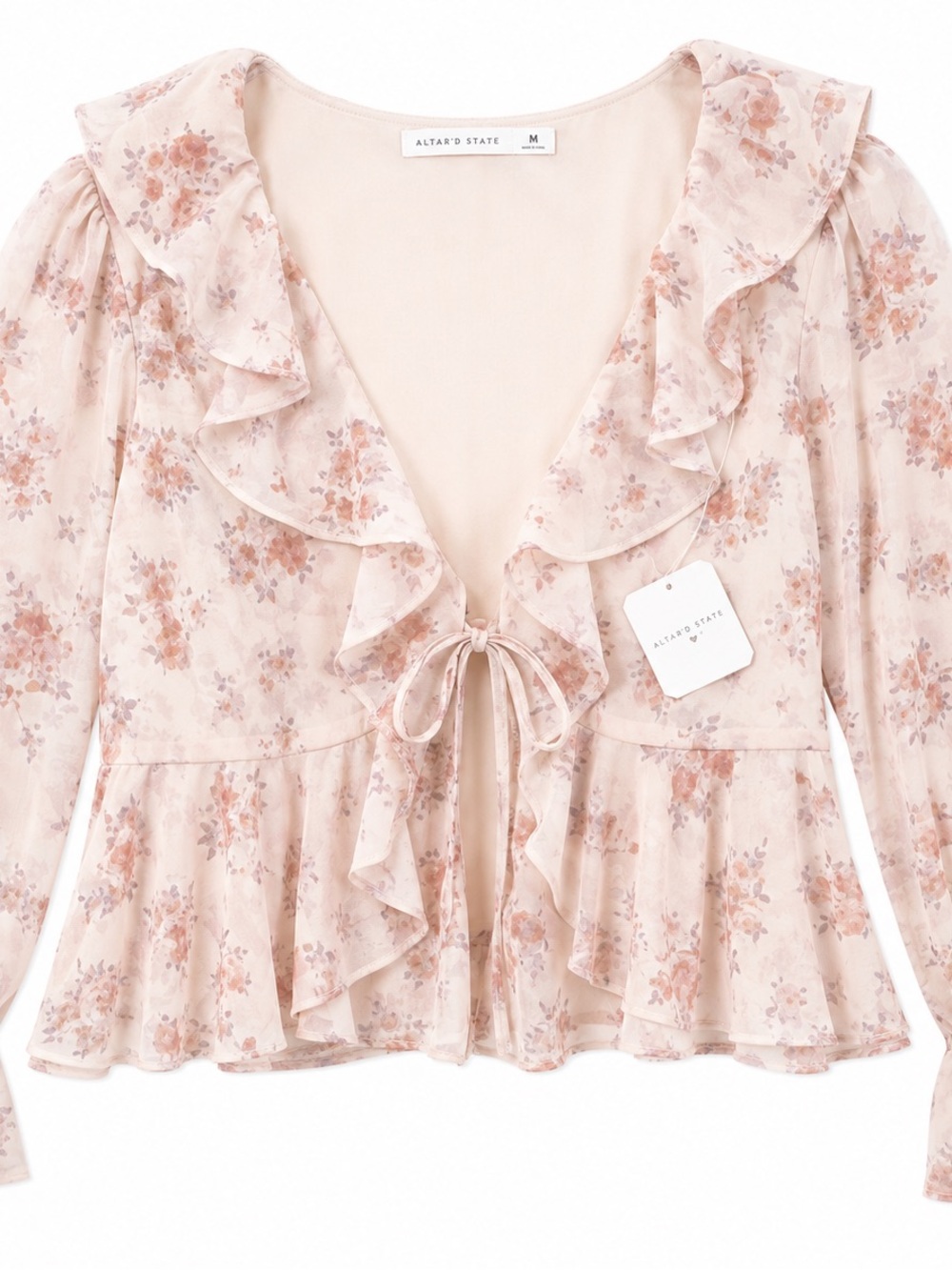Altar'd State Blush Pink Floral Ruffle Tie-Front Blouse